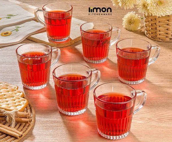 لیوان شیشه‌ای دسته‌دار شیاردار، 280 سی سی لیمون(6عددی)