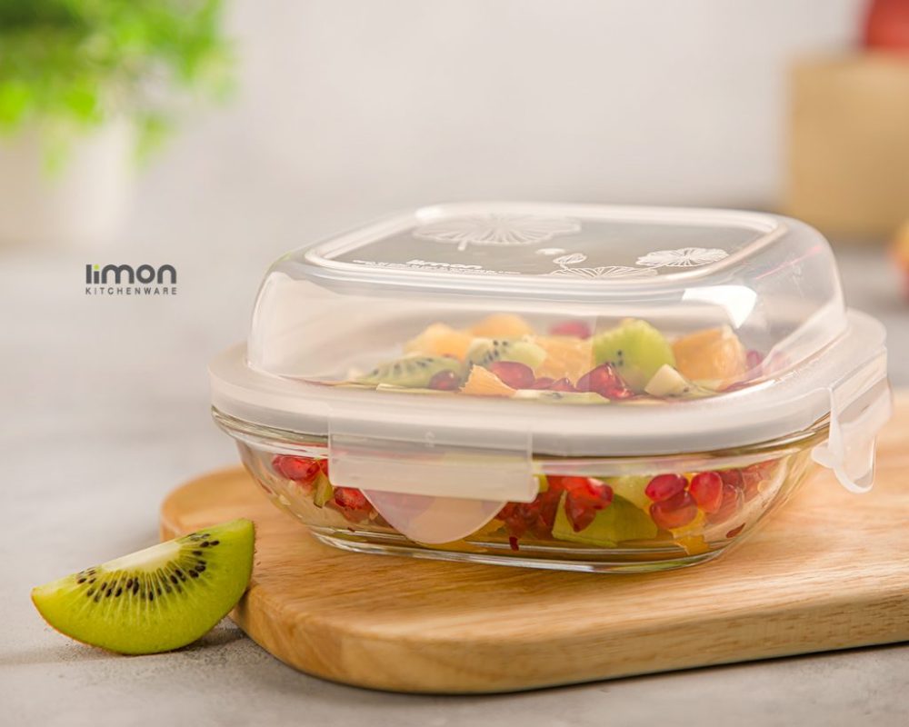 ظروف شیشه ای سرو و نگهداری دربدار 520 میلی لیتر لیمون